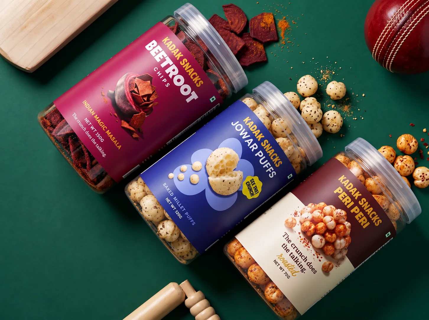Kadak Snacks jars of Beetroot Chips, Jowar Puffs and Peri Peri Makhana